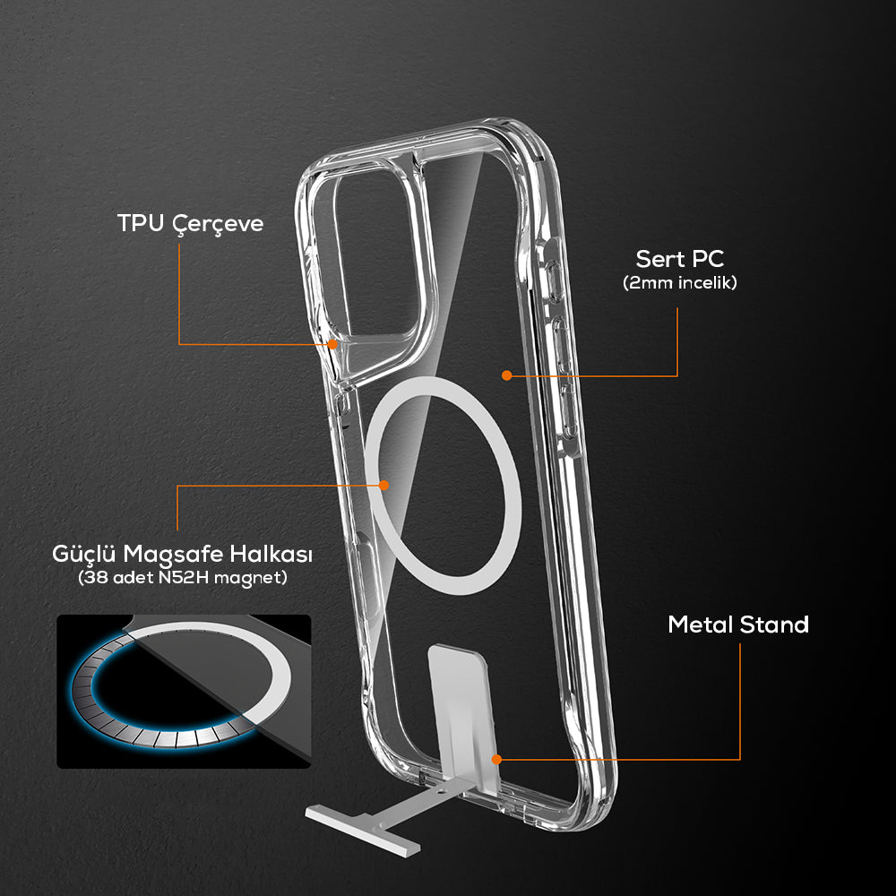 Apple iPhone 16 Pro Case M-safe Charging Feature Zore T-Max Stand Cover Transparent