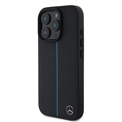 Apple iPhone 16 Pro Kılıf Mercedes Benz Orjinal Lisanslı M-safe Şarj Özellikli Metal Yıldız Logolu Mavi Çizgili Deri Kapak Siyah
