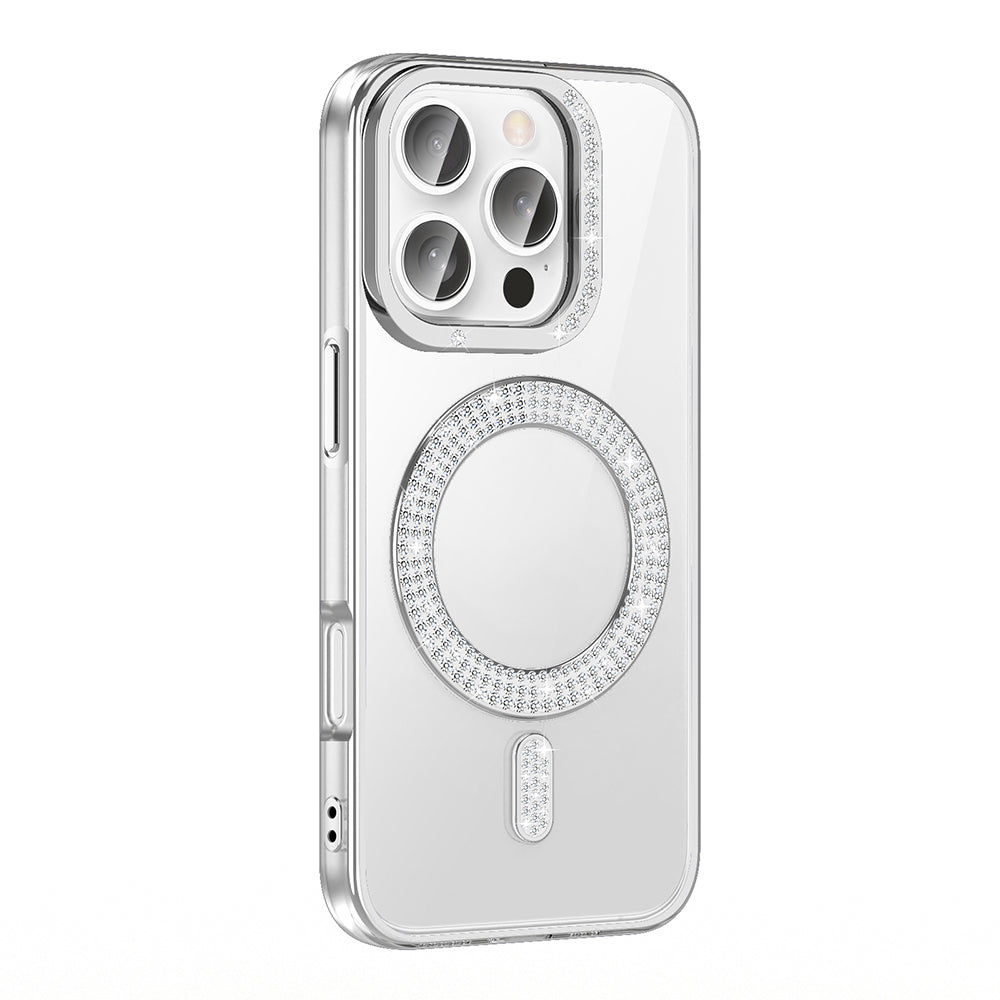 Apple iPhone 16 Pro Case Diamond Stone Design M-Safe Charging Feature Zore Caretta Silicone Cover Silver 