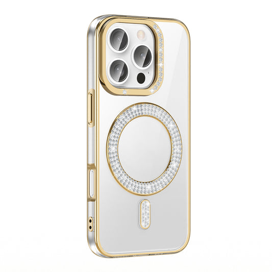 Apple iPhone 16 Pro Case Diamond Stone Design M-Safe Charging Feature Zore Caretta Silicone Cover Gold 
