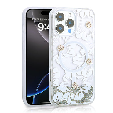 Apple iPhone 16 Pro Case Liquid Glitter Printed Transparent Back Surface Zore Mossa Silicone Cover Gold 