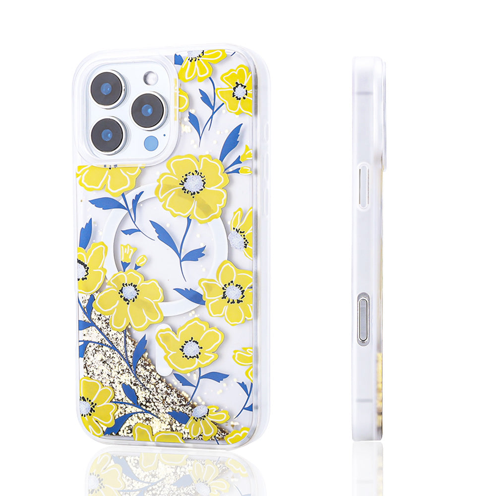 Apple iPhone 16 Pro Case Liquid Glitter Printed Transparent Back Surface Zore Mossa Silicone Cover Yellow 