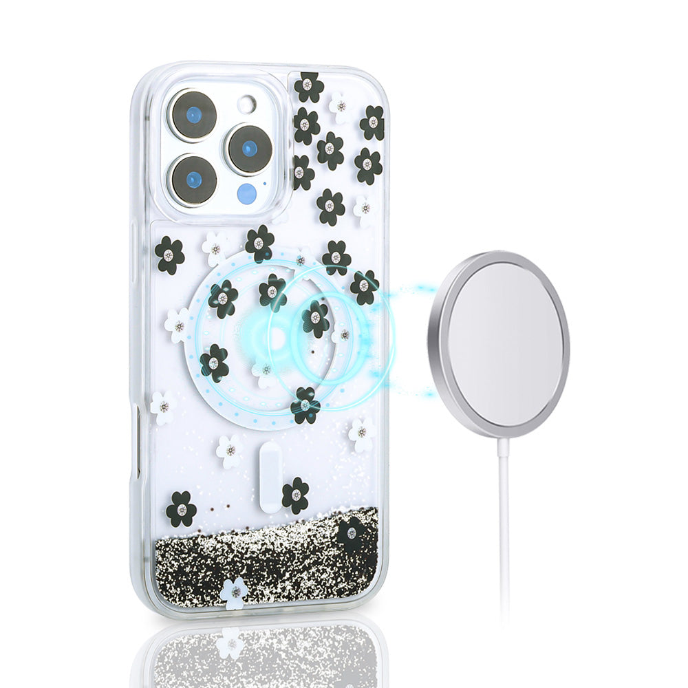 Apple iPhone 16 Pro Case Liquid Glitter Printed Transparent Back Surface Zore Mossa Silicone Cover Gold 