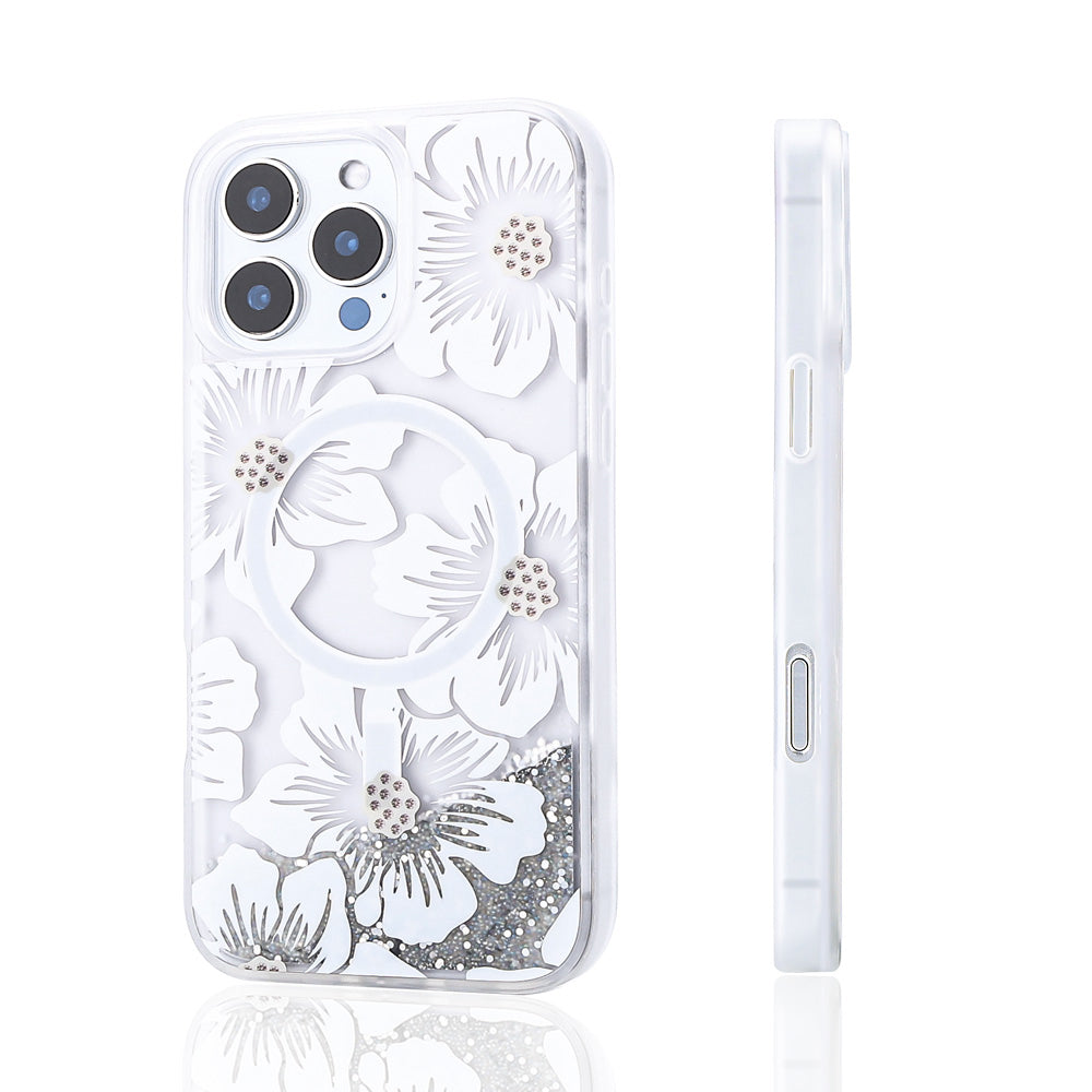 Apple iPhone 16 Pro Case Liquid Glitter Printed Transparent Back Surface Zore Mossa Silicone Cover Yellow 