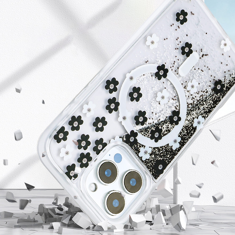 Apple iPhone 16 Pro Case Liquid Glitter Printed Transparent Back Surface Zore Mossa Silicone Cover Black 