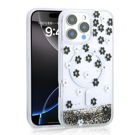 Apple iPhone 16 Pro Case Liquid Glitter Printed Transparent Back Surface Zore Mossa Silicone Cover Black 