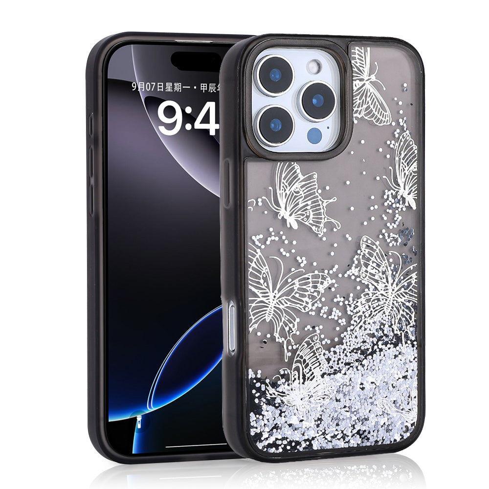 Apple iPhone 16 Pro Case Liquid Glitter Butterfly Printed Transparent Back Surface Zore Glis Silicone Cover Black 