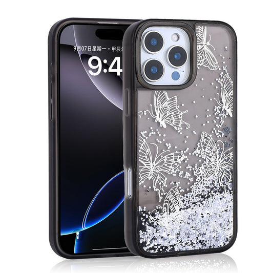 Apple iPhone 16 Pro Case Liquid Glitter Butterfly Printed Transparent Back Surface Zore Glis Silicone Cover Black 