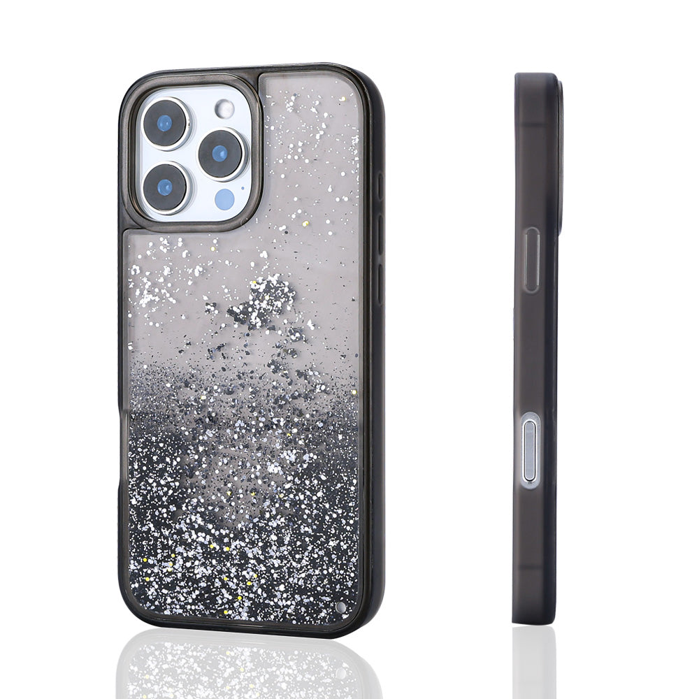 Apple iPhone 16 Pro Case Liquid Glitter Transparent Back Surface Zore Keto Silicone Cover Black