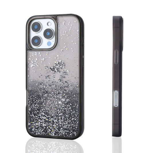 Apple iPhone 16 Pro Case Liquid Glitter Transparent Back Surface Zore Keto Silicone Cover Black