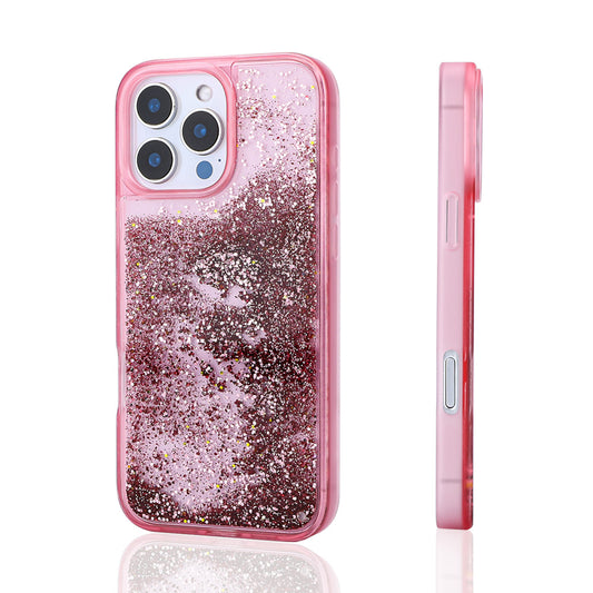 Apple iPhone 16 Pro Case Liquid Glitter Transparent Back Surface Zore Keto Silicone Cover Pink