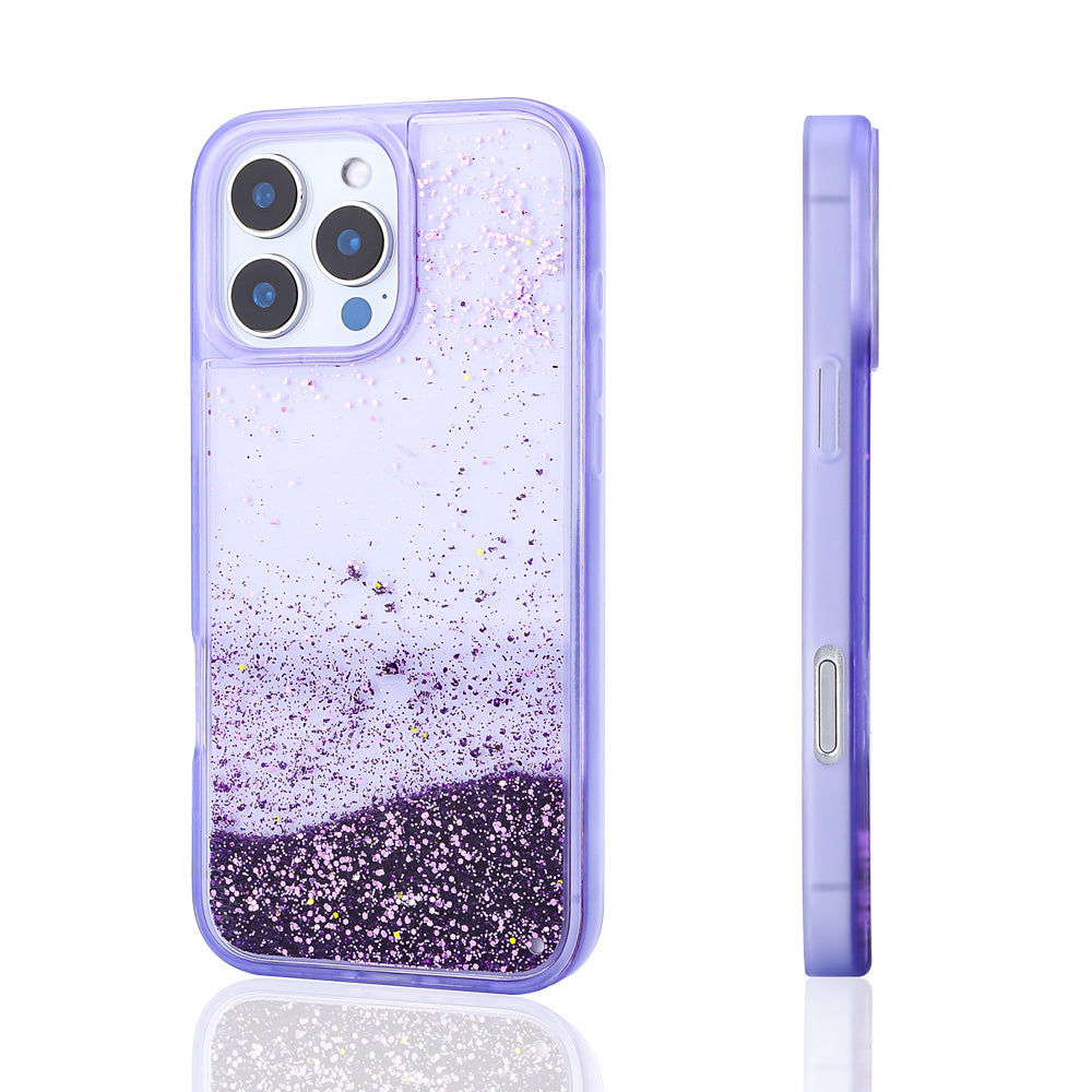 Apple iPhone 16 Pro Case Liquid Glitter Transparent Back Surface Zore Keto Silicone Cover Purple