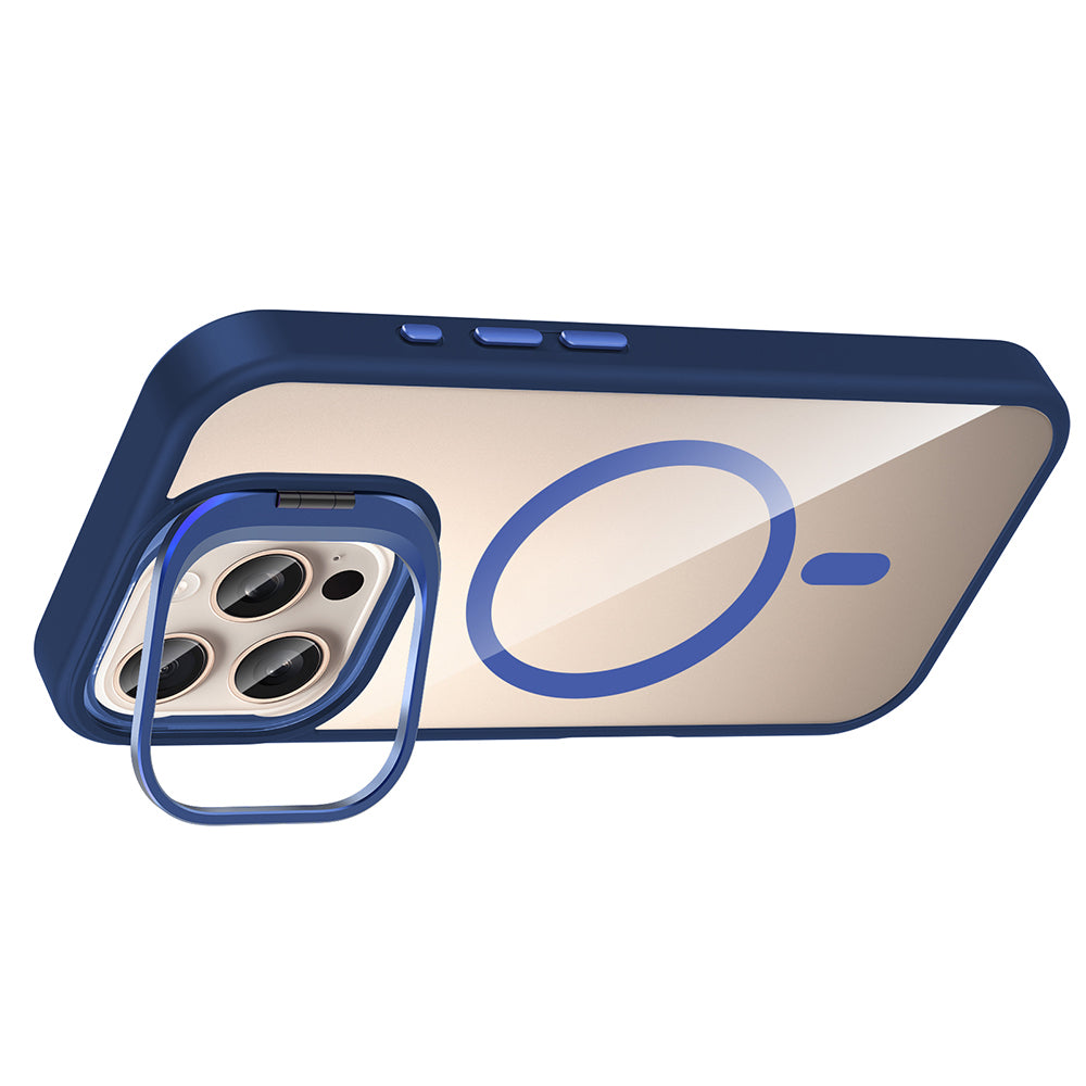 Apple iPhone 16 Pro Case with Stand and Camera Lens Gift, M-Safe Charging Feature, Zore Etro Cover, Navy Blue 