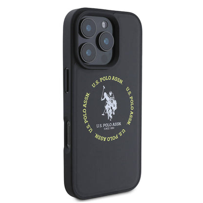 Apple iPhone 16 Pro Kılıf U.S. Polo Assn. Orjinal Lisanslı M-safe Şarj Özellikli Circle ve Double Horse Logolu Deri Kapak Siyah