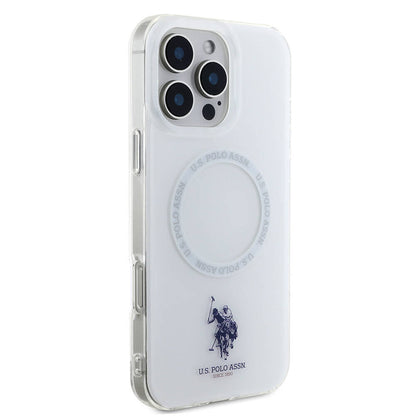 Apple iPhone 16 Pro Kılıf U.S. Polo Assn. Orjinal Lisanslı M-safe Şarj Özellikli IML Double Horse Logolu Ring Kapak Beyaz