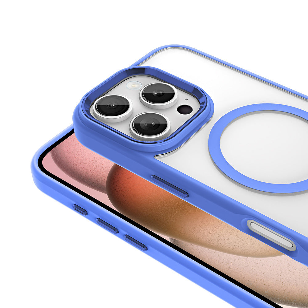 Apple iPhone 16 Pro Case Wireless Charging Zore Chrome M-safe Silicone Cover Blue