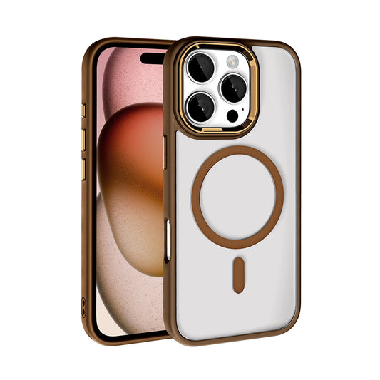 Apple iPhone 16 Pro Case Wireless Charging Zore Chrome M-safe Silicone Cover Rose Brown