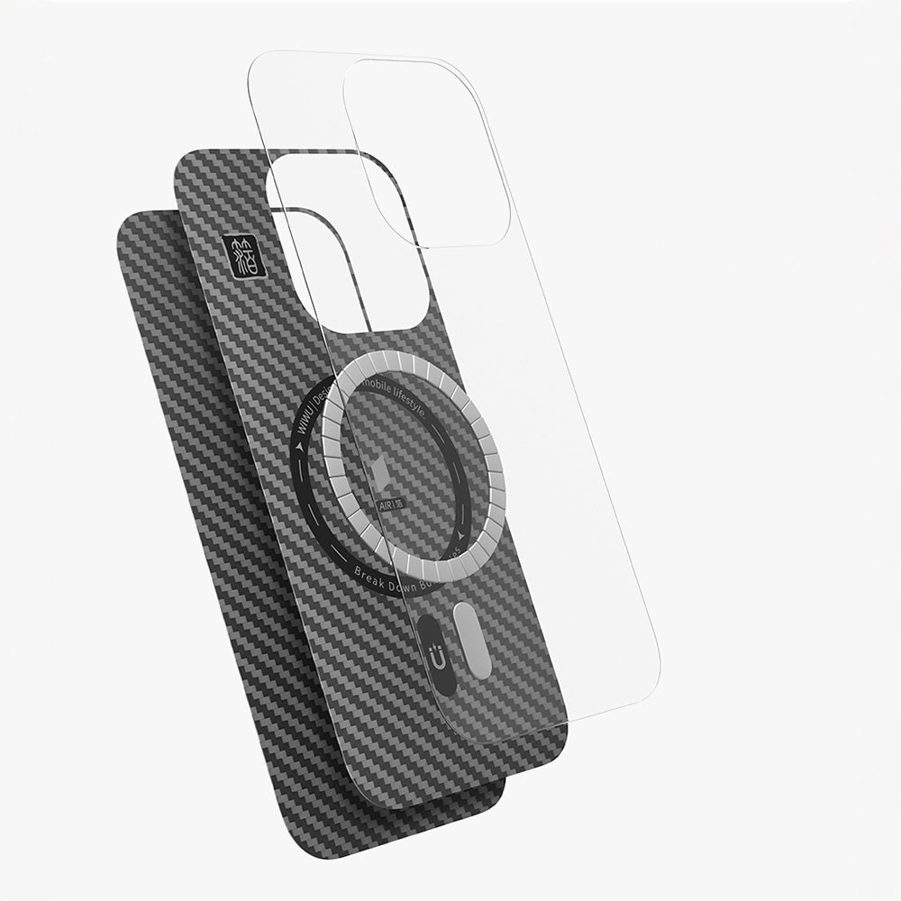 Apple iPhone 16 Pro Case Wiwu DCC-206 M-safe Charging Feature Camera Stand Aramid Fiber Design Kevlar Cover Black