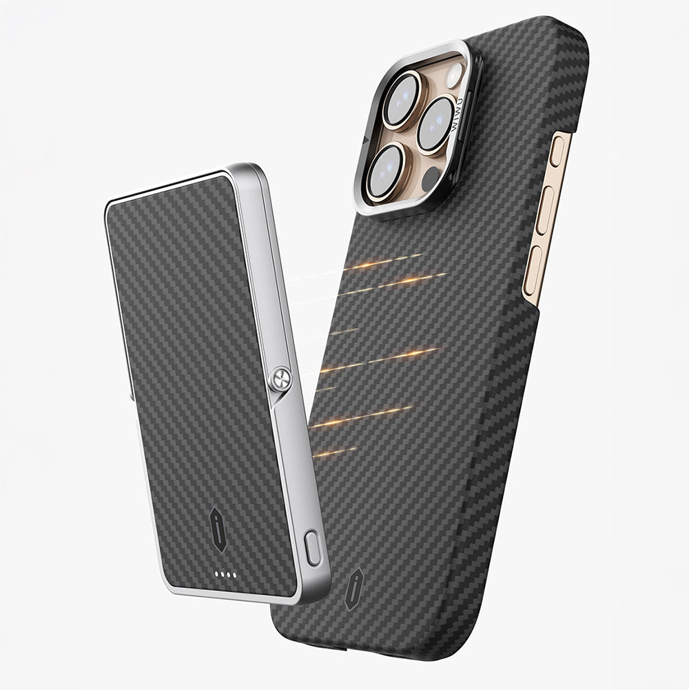 Apple iPhone 16 Pro Case Wiwu DCC-206 M-safe Charging Feature Camera Stand Aramid Fiber Design Kevlar Cover Black
