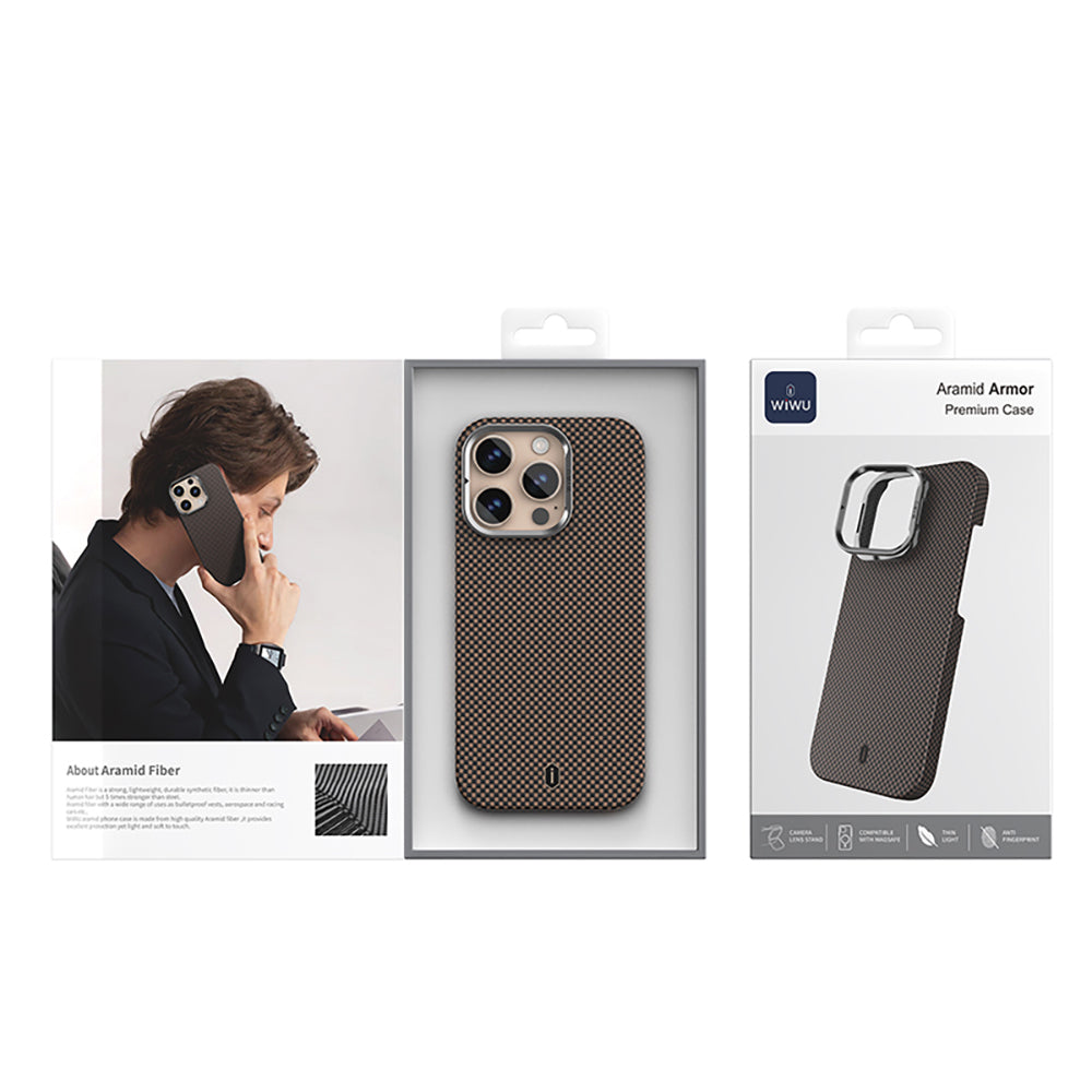 Apple iPhone 16 Pro Case Wiwu DCC-208 M-safe Charging Feature Camera Stand Aramid Fiber Design Kevlar Cover Gold 