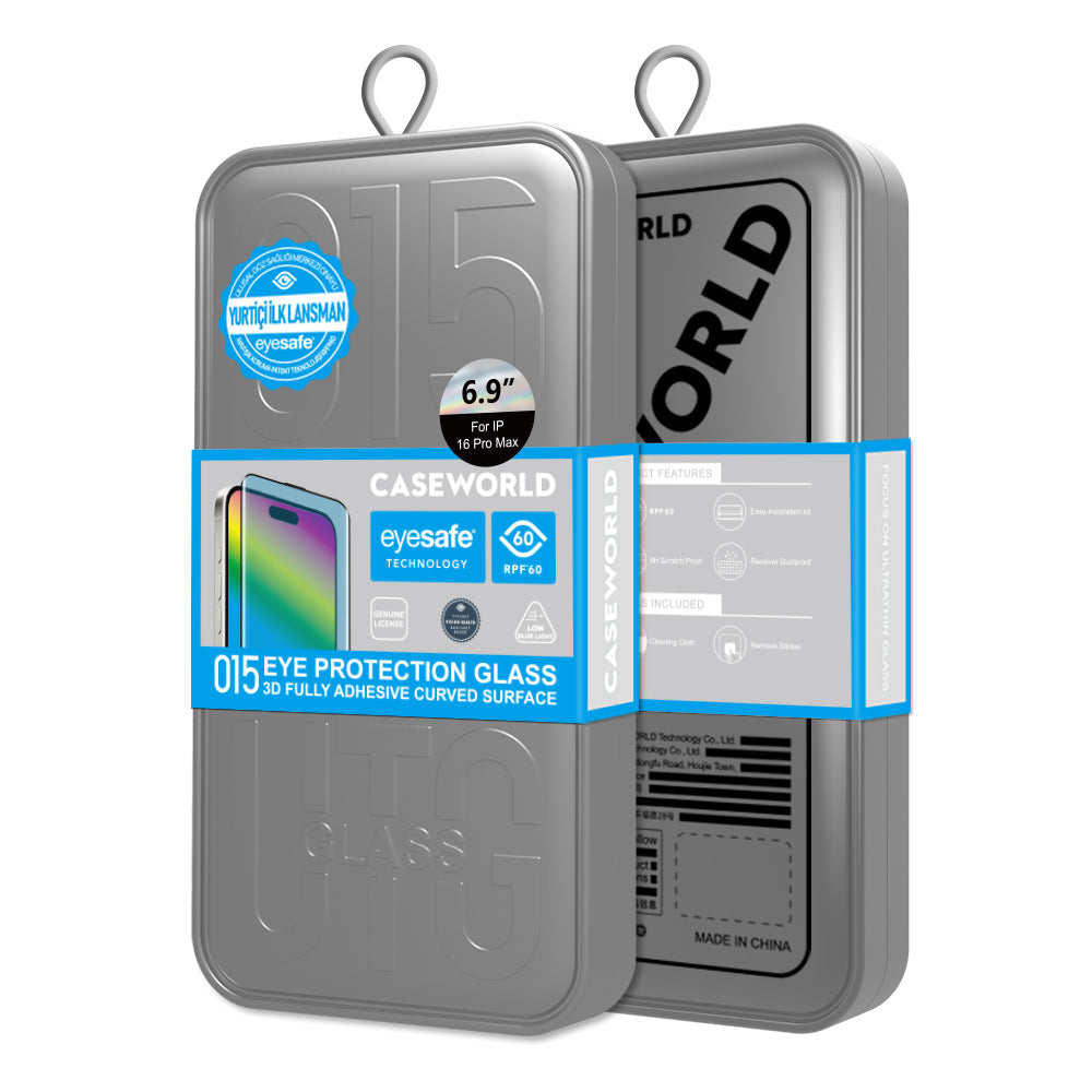 Apple iPhone 16 Pro Max CaseWorld 3D Eyesafe Mavi Işık Teknolojili 0.15mm Temperli Cam Ekran Koruyucu + Uygulama Aparatı Şeffaf