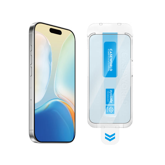 Apple iPhone 16 Pro Max CaseWorld Applicator Serisi 2.5D Eyesafe Mavi Işık Teknolojili Safir 0.33mm Temperli Cam Ekran Koruyucu + Uygulama Aparatı