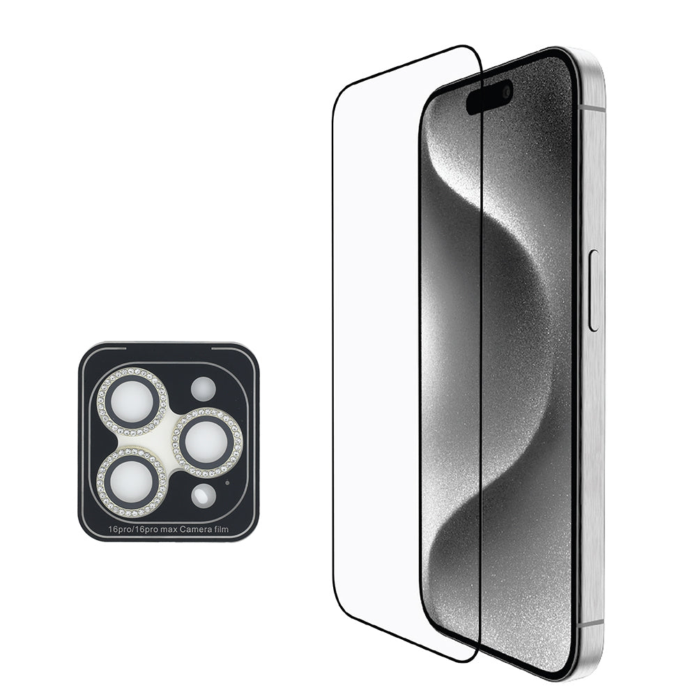 Apple iPhone 16 Pro Max Guess Original Licensed 3-Piece Accessory Set IML Printed Glitter Case + Screen Protector + Lens Protector Transparent 