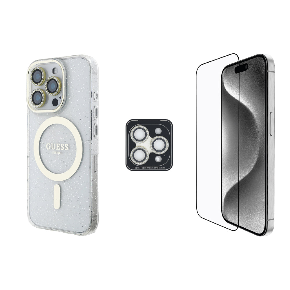 Apple iPhone 16 Pro Max Guess Original Licensed 3-Piece Accessory Set IML Printed Glitter Case + Screen Protector + Lens Protector Transparent 