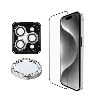 Apple iPhone 16 Pro Max Guess Orjinal Lisanslı Rhinestone Ekran Koruyucu + Lens Koruyucu 2in1 Aksesuar Seti Gold