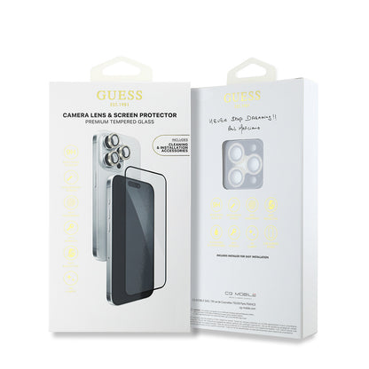 Apple iPhone 16 Pro Max Guess Orjinal Lisanslı Rhinestone Ekran Koruyucu + Lens Koruyucu 2in1 Aksesuar Seti Gümüş