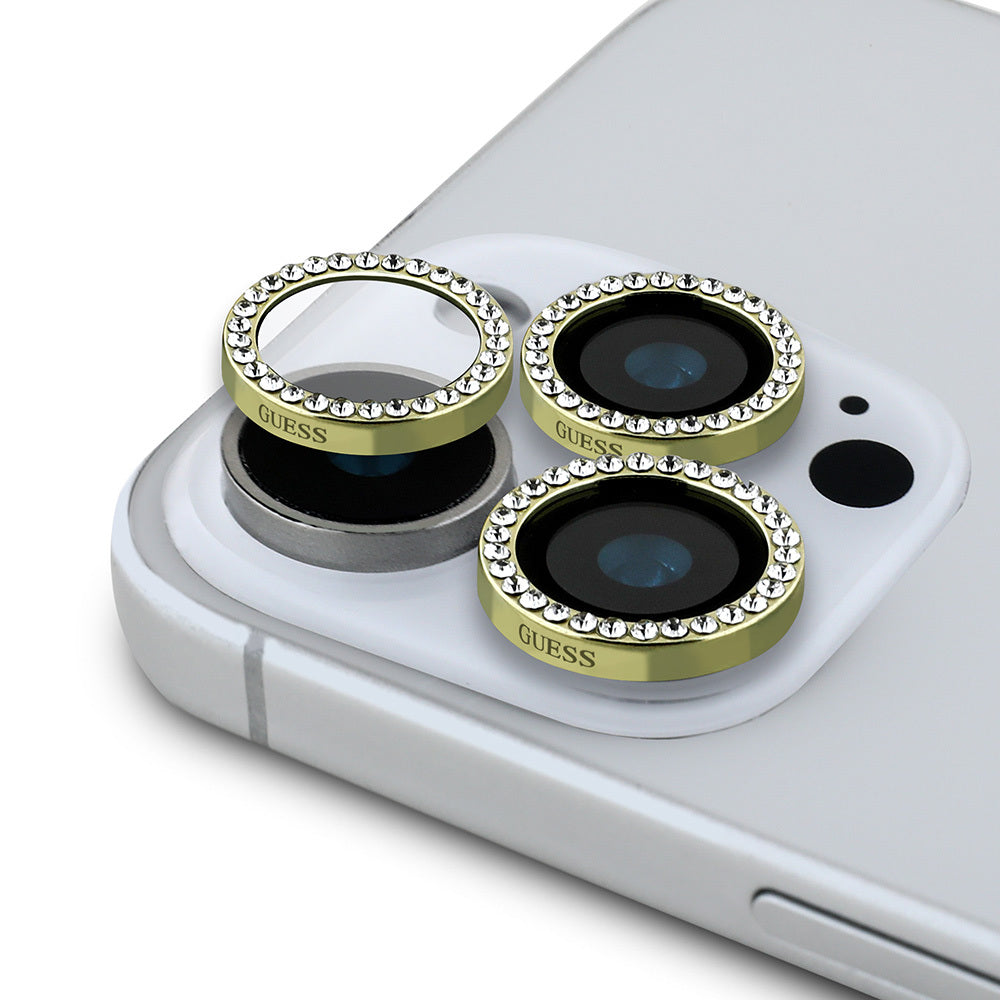 Apple iPhone 16 Pro Max Guess Orjinal Lisanslı Rhinestone Ekran Koruyucu + Lens Koruyucu 2in1 Aksesuar Seti Gümüş