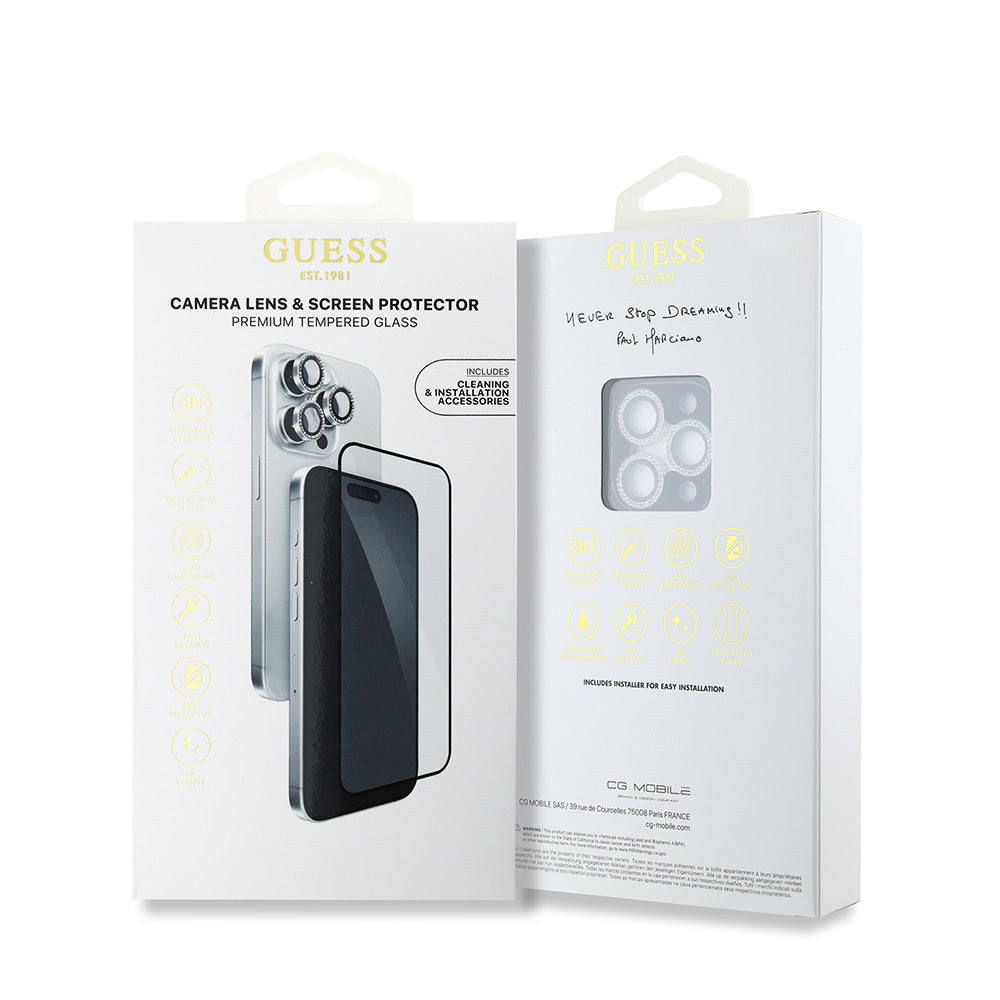 Apple iPhone 16 Pro Max Guess Orjinal Lisanslı Rhinestone Ekran Koruyucu + Lens Koruyucu 2in1 Aksesuar Seti Gümüş