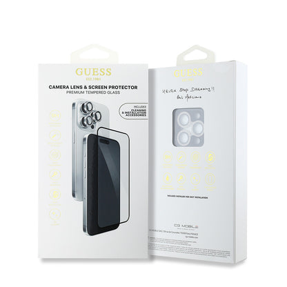 Apple iPhone 16 Pro Max Guess Orjinal Lisanslı Rhinestone Ekran Koruyucu + Lens Koruyucu 2in1 Aksesuar Seti Gümüş