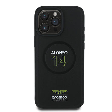 Apple iPhone 16 Pro Max Kılıf Aston Martin Orjinal Lisanslı M-safe Şarj Özellikli PU Deri Alonso 14 Baskılı Kapak Siyah
