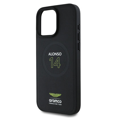 Apple iPhone 16 Pro Max Kılıf Aston Martin Orjinal Lisanslı M-safe Şarj Özellikli PU Deri Alonso 14 Baskılı Kapak Siyah