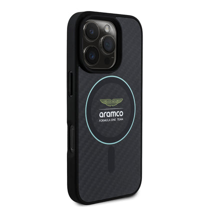 Apple iPhone 16 Pro Max Kılıf Aston Martin Orjinal Lisanslı M-safe Şarj Özellikli Renkli Halka ve Karbon Fiber Tasarımlı Kapak Siyah-Yeşil