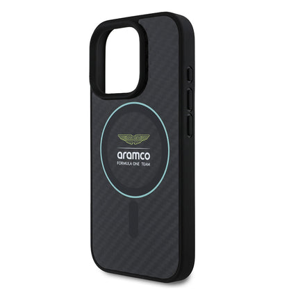 Apple iPhone 16 Pro Max Kılıf Aston Martin Orjinal Lisanslı M-safe Şarj Özellikli Renkli Halka ve Karbon Fiber Tasarımlı Kapak Siyah-Yeşil