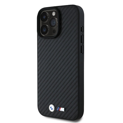 Apple iPhone 16 Pro Max Kılıf BMW Orjinal Lisanslı Karbon Fiber Tasarımlı ve Metal Logolu PU Deri Kapak Siyah