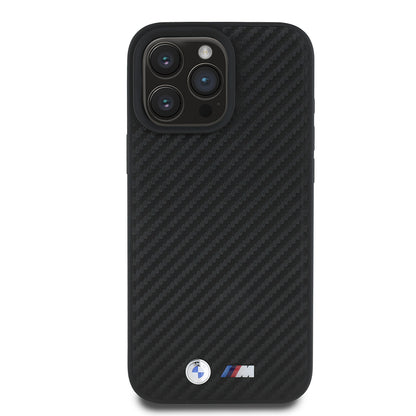 Apple iPhone 16 Pro Max Kılıf BMW Orjinal Lisanslı Karbon Fiber Tasarımlı ve Metal Logolu PU Deri Kapak Siyah
