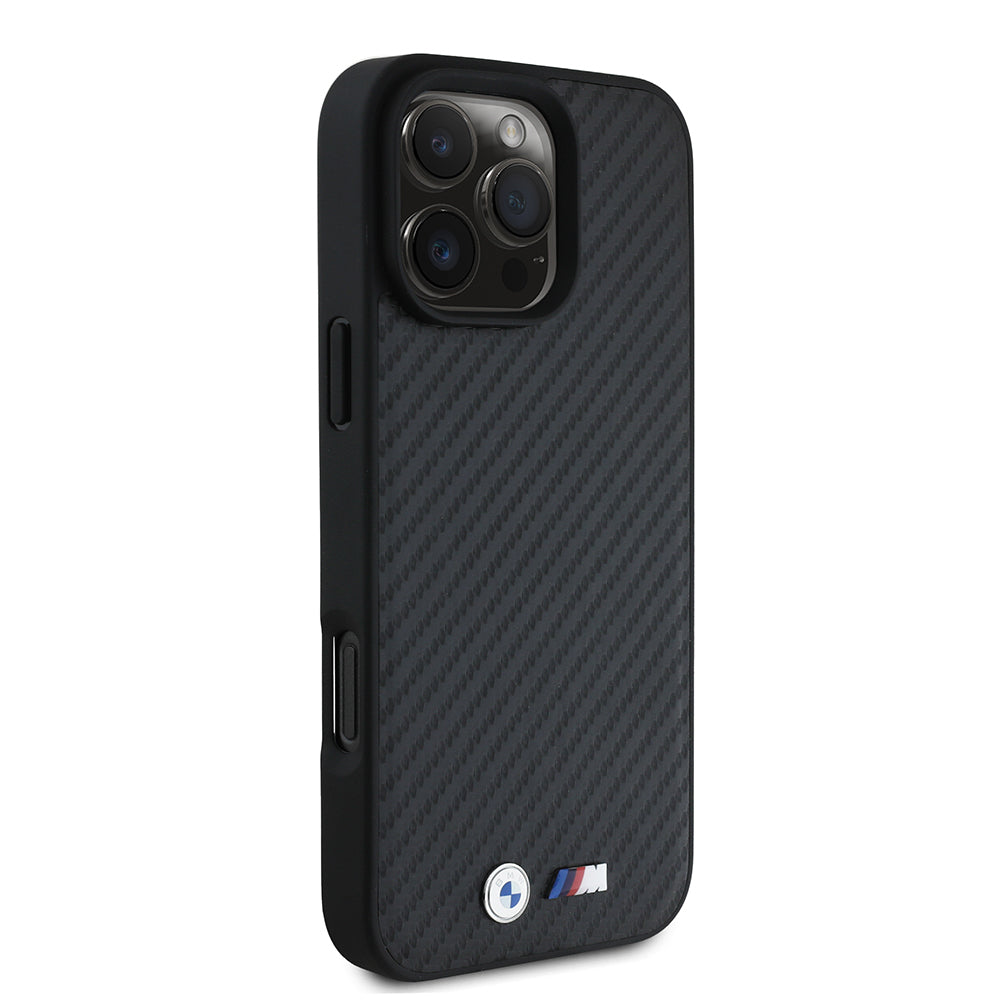 Apple iPhone 16 Pro Max Kılıf BMW Orjinal Lisanslı Karbon Fiber Tasarımlı ve Metal Logolu PU Deri Kapak Siyah