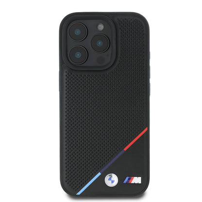 Apple iPhone 16 Pro Max Kılıf BMW Orjinal Lisanslı M-safe Şarj Özellikli M Logolu Üç Çizgili Delikli Deri Kapak Siyah