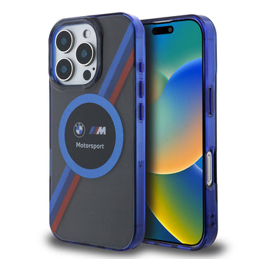 Apple iPhone 16 Pro Max Kılıf BMW Orjinal Lisanslı M-safe Şarj Özellikli M Logolu Üç Renk Çizgili Motorsport Circle Kapak Şeffaf
