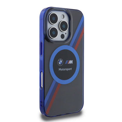 Apple iPhone 16 Pro Max Kılıf BMW Orjinal Lisanslı M-safe Şarj Özellikli M Logolu Üç Renk Çizgili Motorsport Circle Kapak Şeffaf