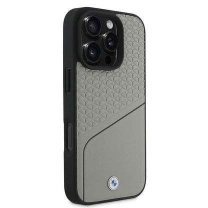 Apple iPhone 16 Pro Max Kılıf BMW Orjinal Lisanslı M-safe Şarj Özellikli Metal Logolu Dokulu ve Çizgili Deri Kapak Gri