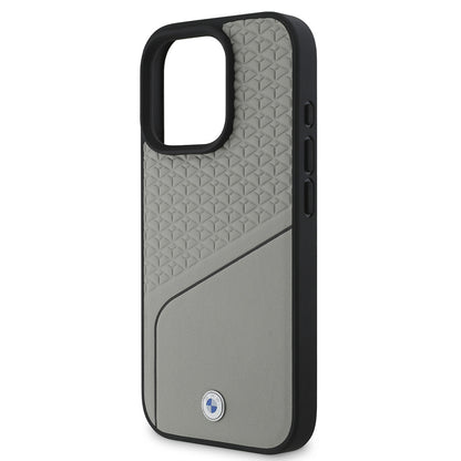 Apple iPhone 16 Pro Max Kılıf BMW Orjinal Lisanslı M-safe Şarj Özellikli Metal Logolu Dokulu ve Çizgili Deri Kapak Gri