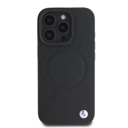 Apple iPhone 16 Pro Max Kılıf BMW Orjinal Lisanslı M-safe Şarj Özellikli Metal Logolu Yarım Dokulu Circle Deri Kapak Siyah