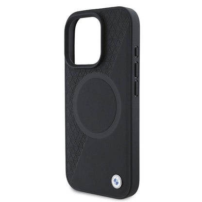 Apple iPhone 16 Pro Max Kılıf BMW Orjinal Lisanslı M-safe Şarj Özellikli Metal Logolu Yarım Dokulu Circle Deri Kapak Siyah