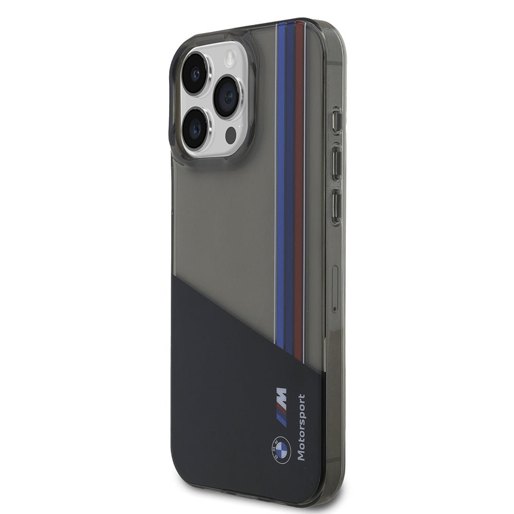 Apple iPhone 16 Pro Max Kılıf BMW Orjinal Lisanslı Yarı Transparan M Dizayn Çizgili Kapak Siyah