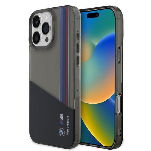 Apple iPhone 16 Pro Max Kılıf BMW Orjinal Lisanslı Yarı Transparan M Dizayn Çizgili Kapak Siyah