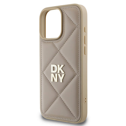 Apple iPhone 16 Pro Max Kılıf DKNY Orjinal Lisanslı Kapitone Tasarımlı Metal Logolu Deri Kapak Bej